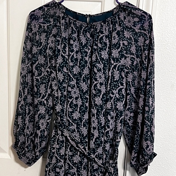 Ann Taylor Sheer Floral Long Sleeve Lined Tie Shift Dress Blue Size Medium - Picture 2 of 5